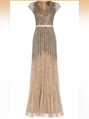 Adrianna Papell Beaded V-Neck Cap Sleeves Size 4 Evening Gown